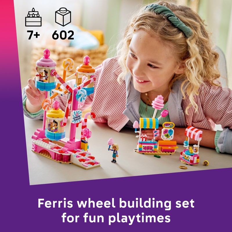LEGO Friends 42700 Ruota Panoramica Dolci e Cupcake, Giocattolo con Giostra da Luna Park, 3 Mini Bamboline, Regalo Bambini 7+