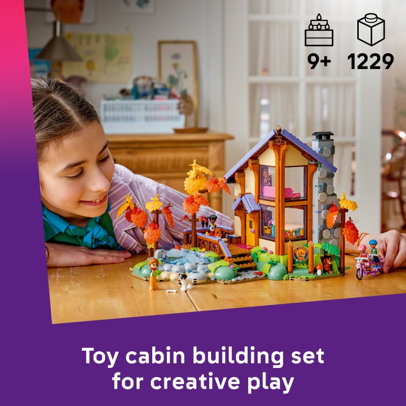 LEGO Friends 42705 Baita nella Foresta Autunnale, Casa Giocattolo con 4 Mini Bamboline, 2 Animali e Accessori, Regalo da 9+
