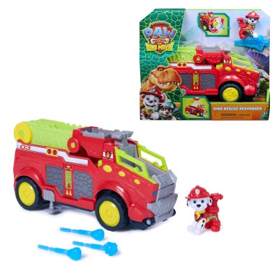 PAW Patrol The Dino Movie, Dino Rescue Responder, camion dei pompieri di oltre 25,4 cm con action figure di Marshall e 3