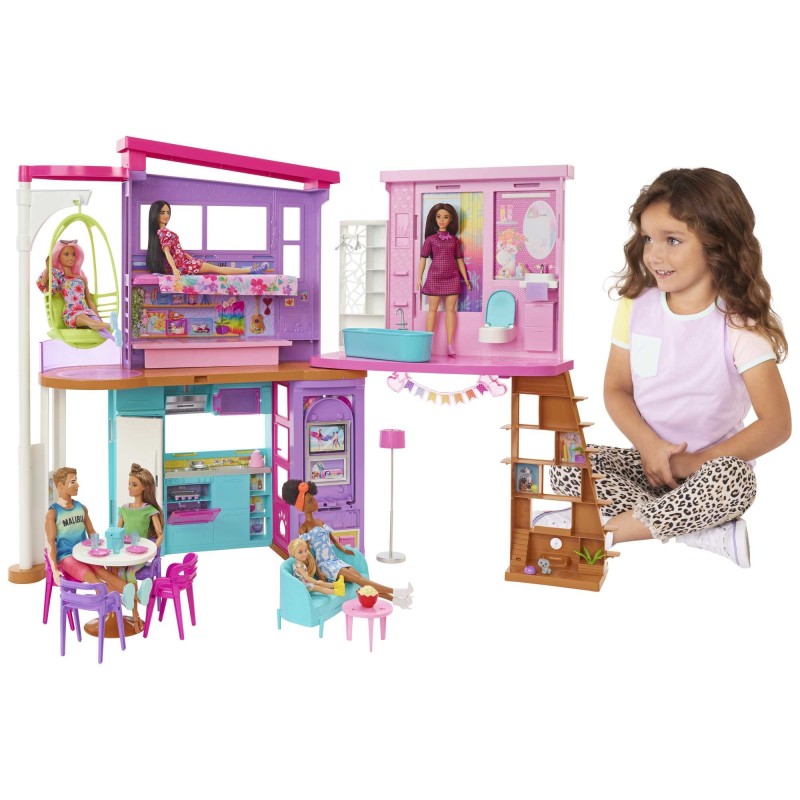 Barbie Casa di Malibu (106 cm) playset casa delle bambole con 2 piani, 6 stanze, ascensore altalena e più di 30 pezzi,