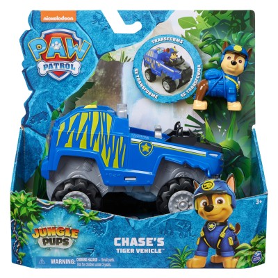 PAW Patrol Jungle Pups, Veicolo Tigre di Chase, veicolo giocattolo con personaggio Chase da collezione, giocattoli per bambini