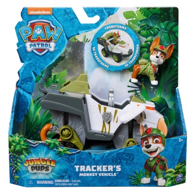 PAW Patrol Jungle Pups, Veicolo Scimmia di Tracker, veicolo giocattolo con personaggio Tracker da collezione, giocattoli per